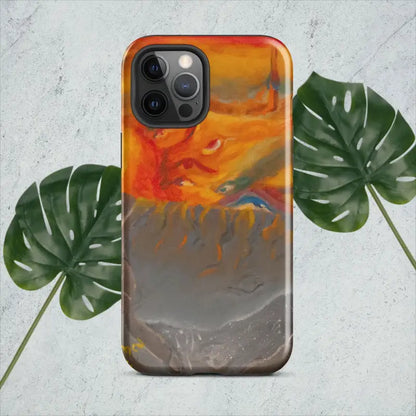 IPhone tough case featuring an orange and gray abstract watercolor design