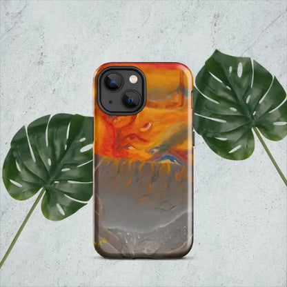 IPhone Tough Case featuring an orange, red, and gray abstract paint drip design