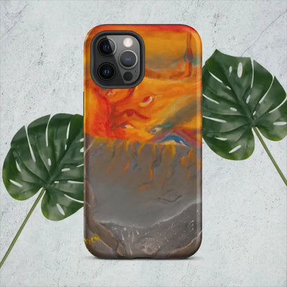 IPhone Tough Case featuring an abstract orange and gray watercolor design for stylish protection