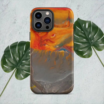 IPhone case featuring an orange and gray abstract watercolor design as a tough case masterpiece