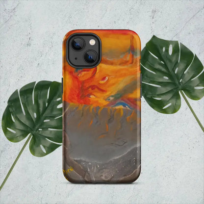 Phone case featuring an orange and gray abstract watercolor design for iPhone, tough case