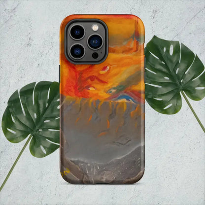 IPhone tough case featuring an orange, blue, and gray abstract watercolor design