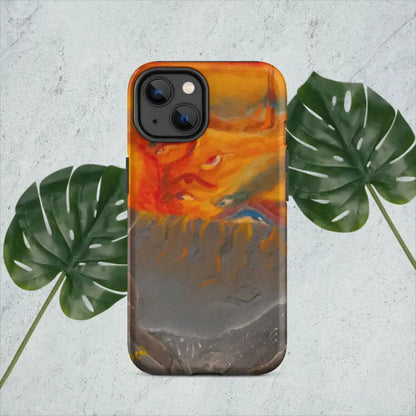 Orange and gray marbled tough phone case designed for iPhone with dual camera cutouts