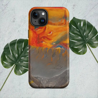 Artful Armor Tough Case featuring an abstract orange, yellow, and gray watercolor design