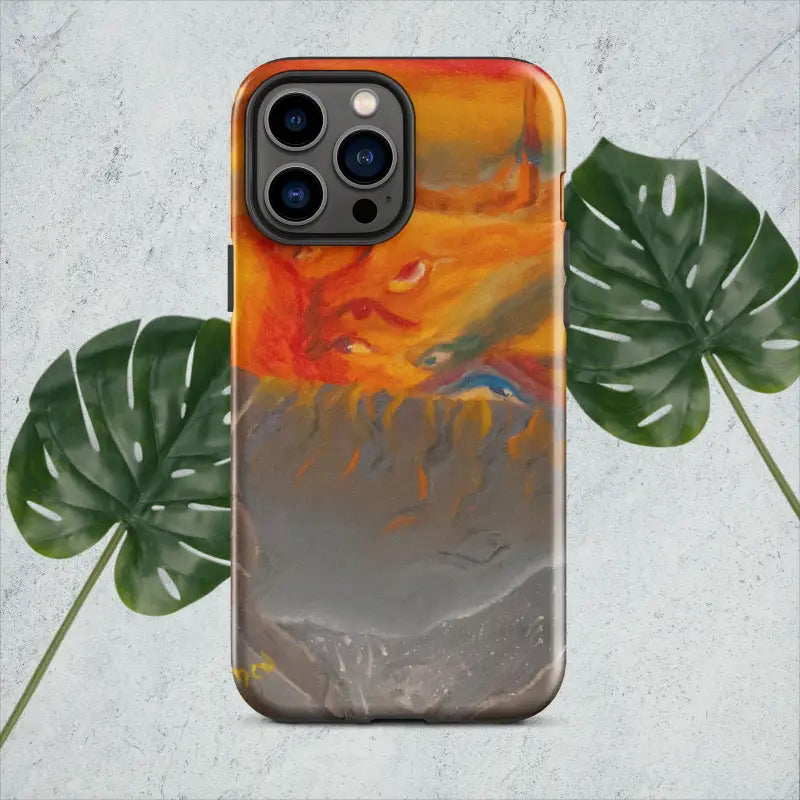 IPhone case featuring orange and gray abstract watercolor design in Expressionist Art style