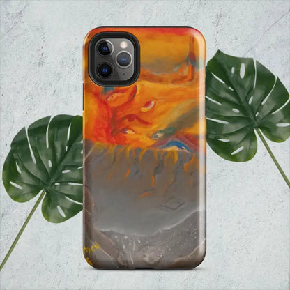 IPhone case featuring abstract orange, gray, and blue design in Expressionist Art style