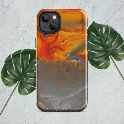 Phone case featuring orange and gray abstract watercolor design in Expressionist Art style