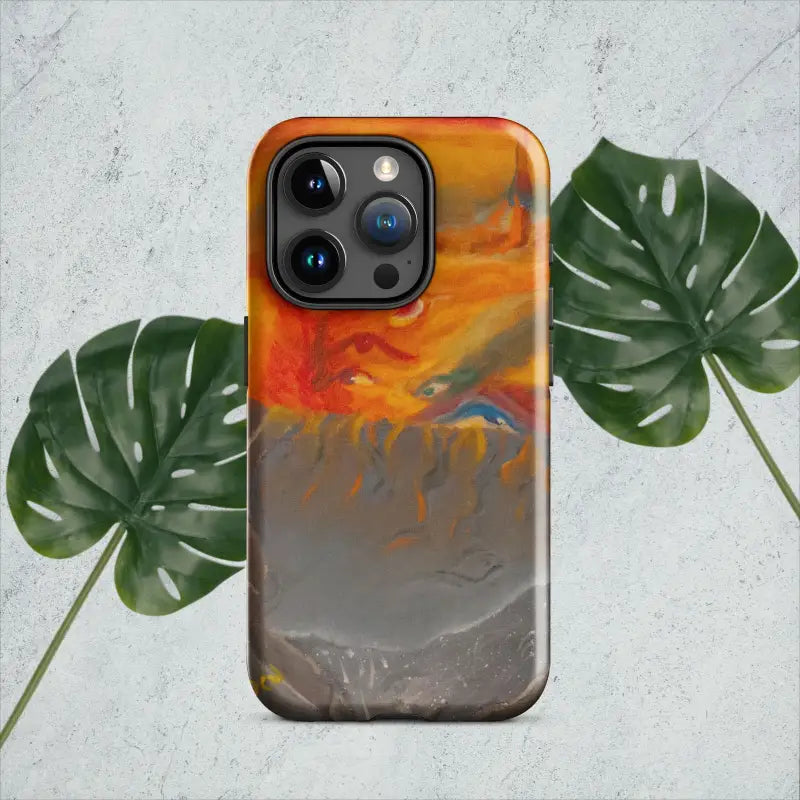 Vibrant orange, yellow, and gray iPhone case showcasing Expressionist Art’s tough design