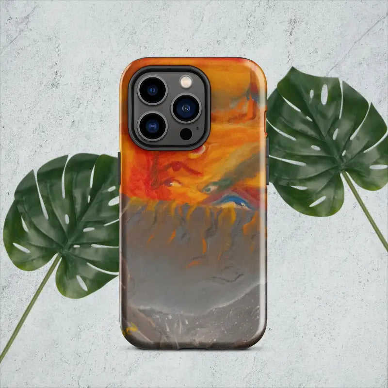 IPhone case featuring an orange, blue, and gray abstract watercolor in Expressionist Art design