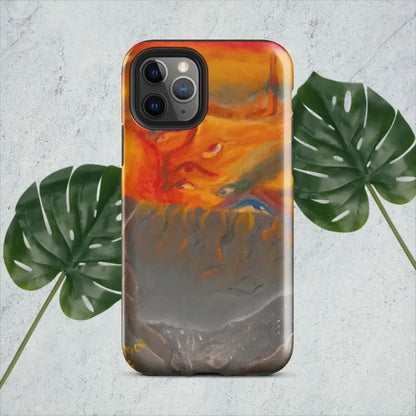 Orange and gray abstract art phone case for iPhone featuring tough triple camera cutout