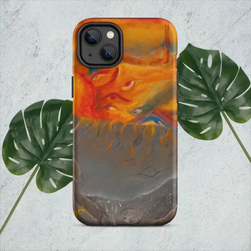 Phone case featuring abstract orange and gray watercolor design in Expressionist Art style