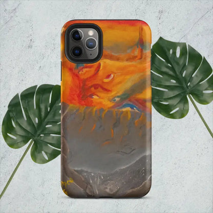 IPhone case featuring an abstract design in orange, grey, and blue inspired by expressionist art