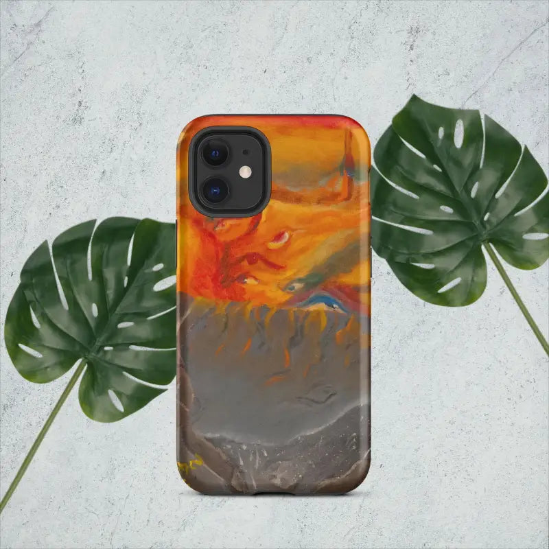 Colorful iPhone case featuring abstract orange, red, and gray expressionist art design