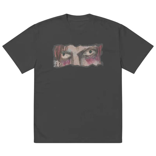 Dark gray oversized faded t-shirt featuring an artistic eye design on the chest