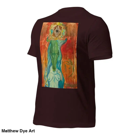 Brown unisex jersey t-shirt featuring artistic green, orange, and blue feminine power art