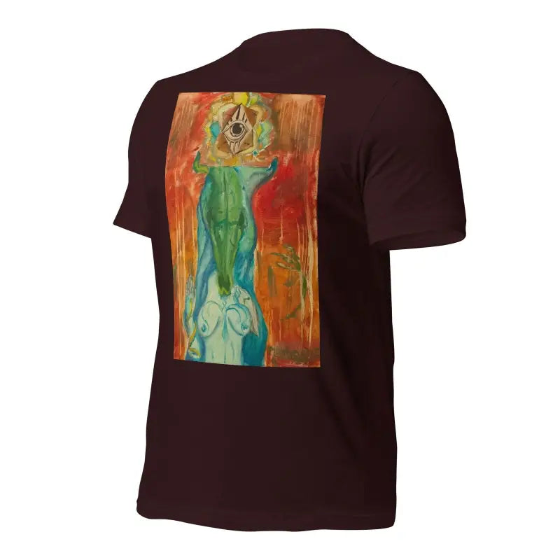 Brown unisex jersey t-shirt featuring artistic green, orange, and blue feminine power art