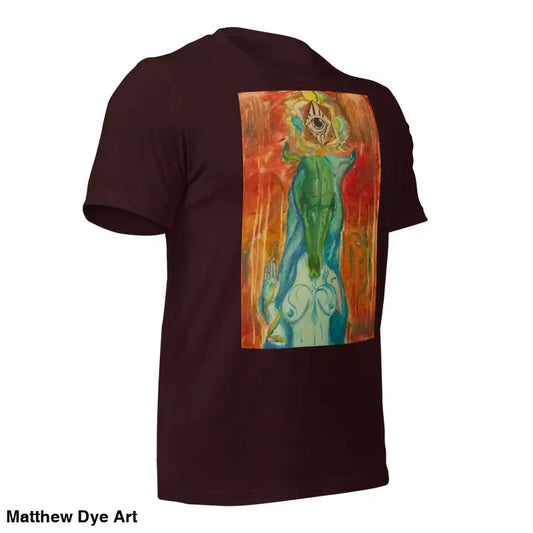 Brown unisex jersey t-shirt featuring abstract green and orange feminine power art print