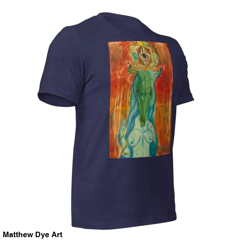 Navy blue t-shirt featuring abstract green and orange print, The Priestess Unisex Cotton Jersey T-shirt