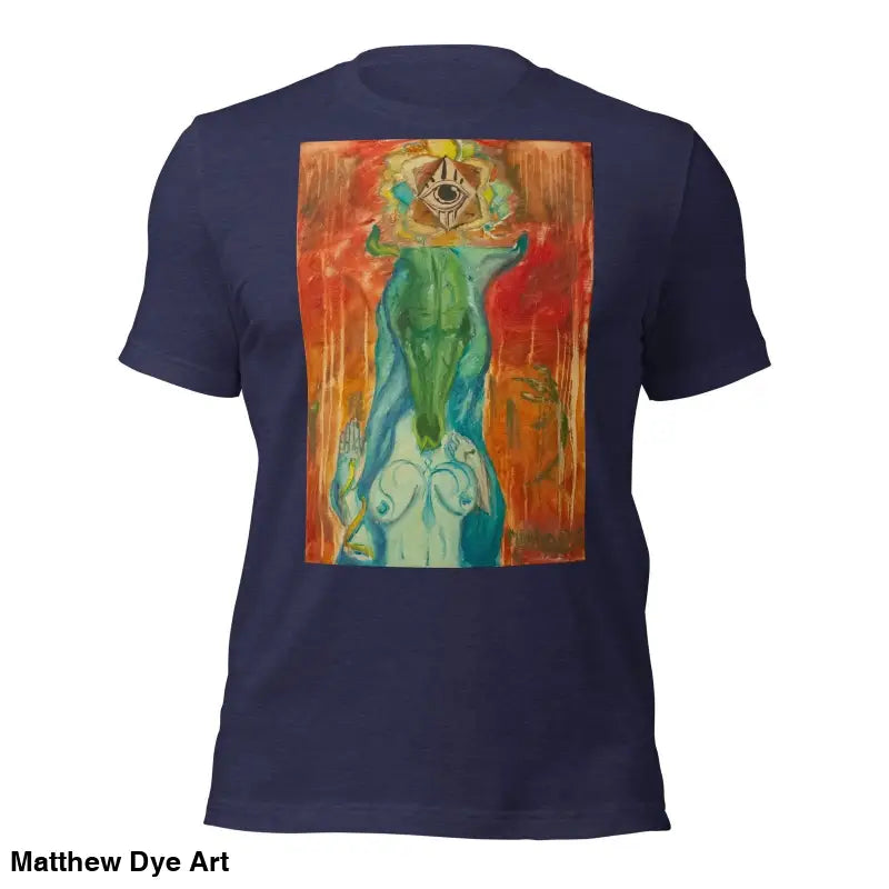 Navy blue unisex jersey t-shirt featuring abstract feminine power art print on the back