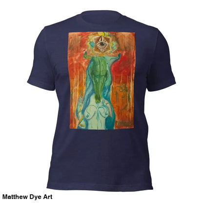 Navy blue unisex jersey t-shirt featuring abstract feminine power art print on the back