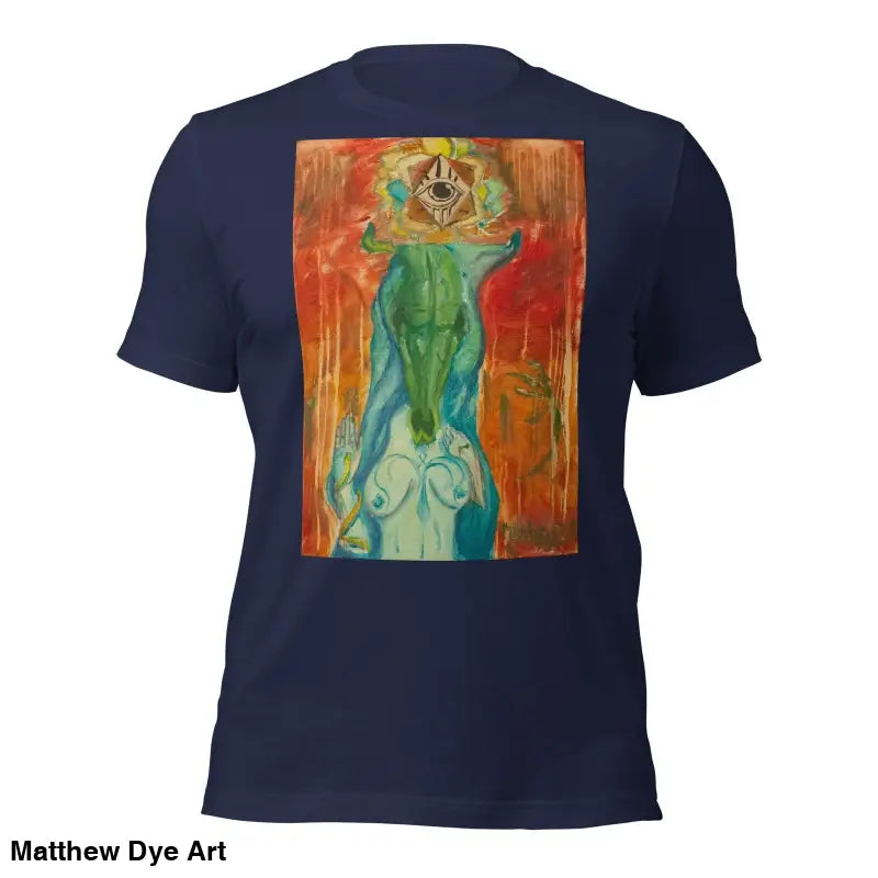 Navy blue The Priestess Unisex Cotton Jersey T-Shirt featuring abstract feminine power art