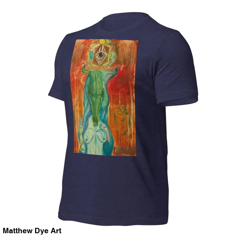 Navy blue unisex jersey t-shirt featuring abstract Feminine Power Art design on back