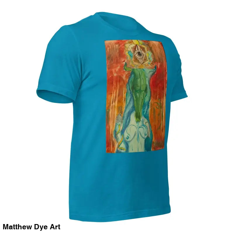 Turquoise t-shirt featuring abstract feminine power art in green and orange tones