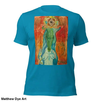 Turquoise t-shirt with abstract green and orange print, The Priestess Unisex Cotton Jersey T-Shirt