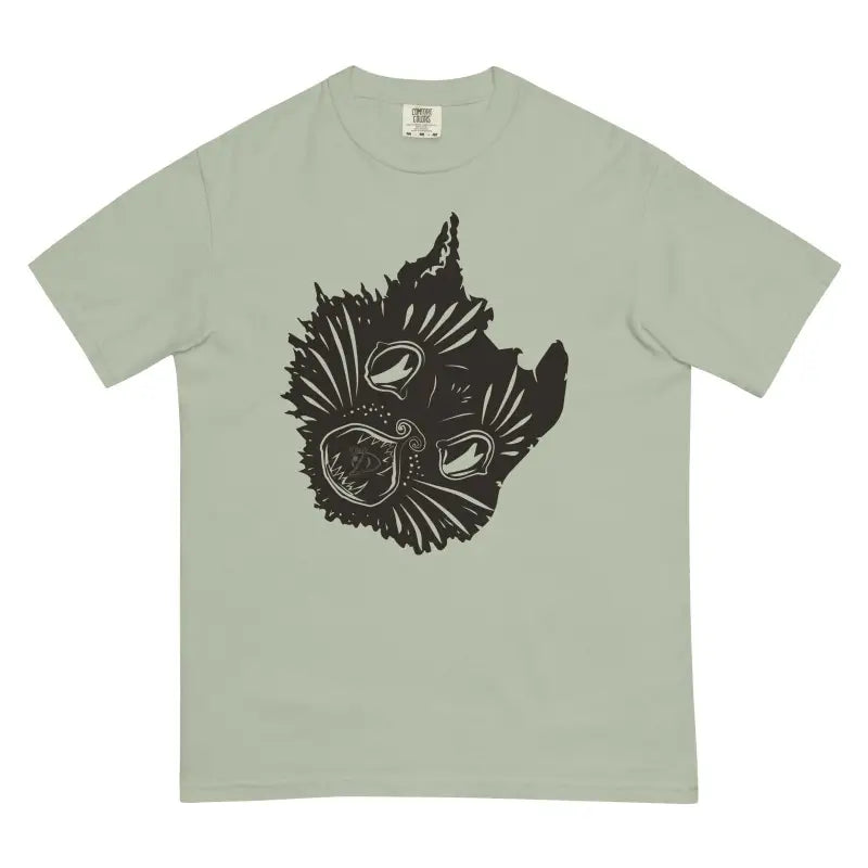 Light green Enchanted Shadows of Fall tee featuring black wolf head design for haunted feline heavyweight