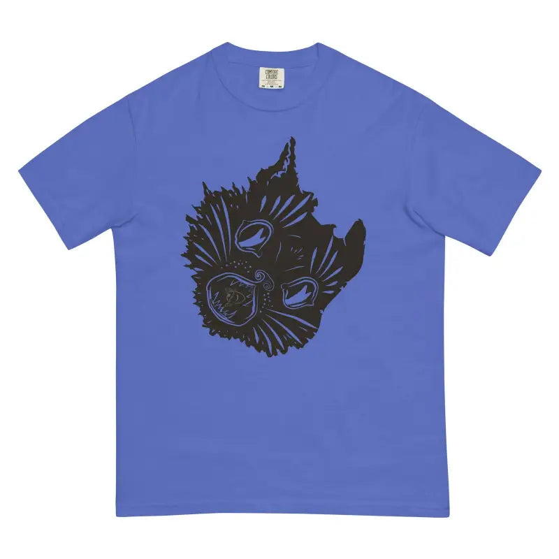 Blue t-shirt featuring a black wolf head graphic for Haunted Feline Heavyweight Tee