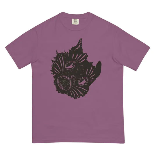 Purple t-shirt featuring black wolf head design from Enchanted Shadows Haunted Feline Heavyweight