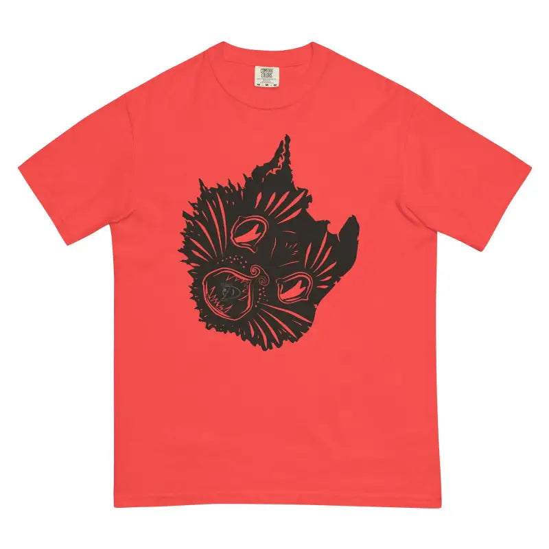 Red t-shirt featuring a black cat face design from the Haunted Feline Heavyweight Tee