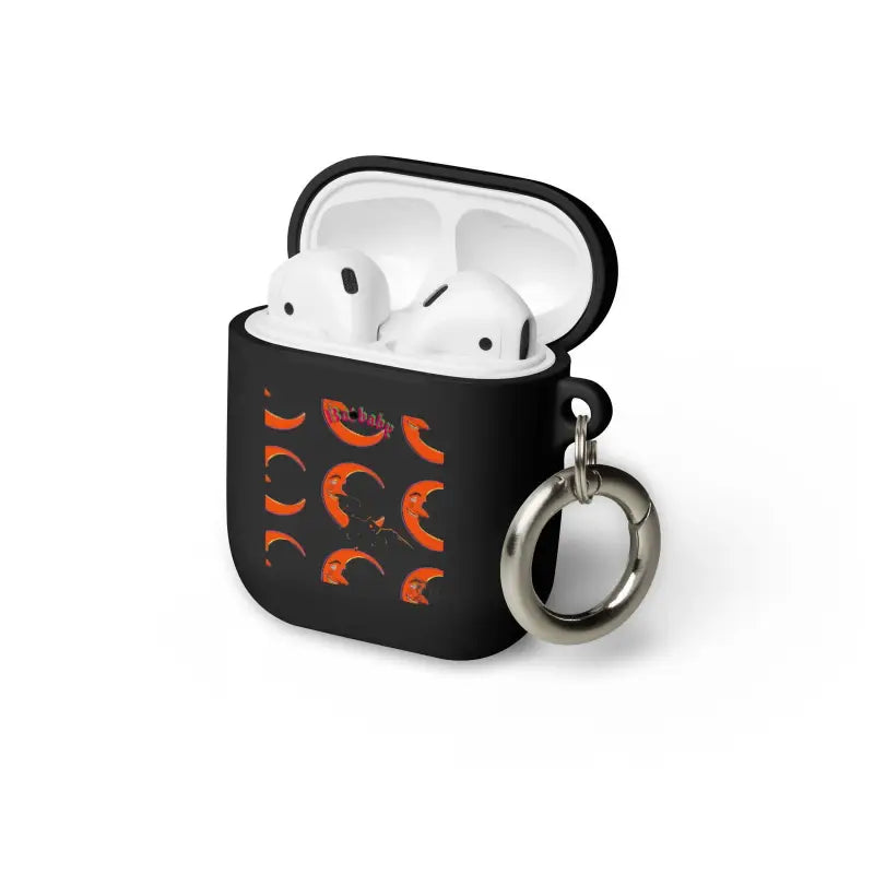 Black AirPods case with orange design and keyring, featuring Bat Baby Rubber protection