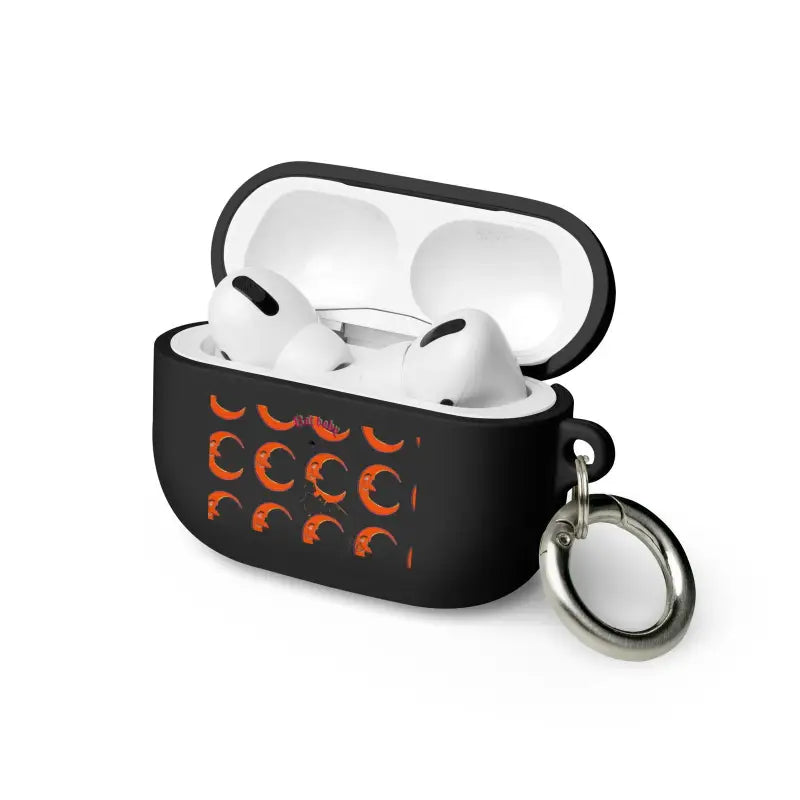 Black AirPods Pro case with orange moon phase design by Bat Baby Rubber for stylish protection