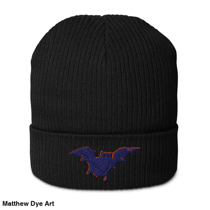 Black knit beanie with bat emblem, ideal for Bat Baby lovers, warm and eco-friendly