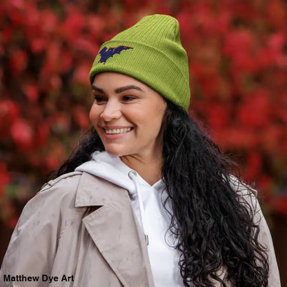 Green knit beanie with bat emblem, perfect for Bat Baby lovers in autumn and Halloween