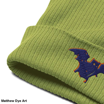 Green knit bat baby beanie with embroidery, perfect for autumn and Halloween warmth