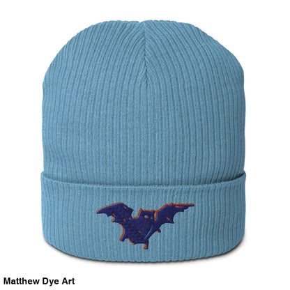 Light blue knit beanie with bat design, perfect for a cozy and warm Halloween