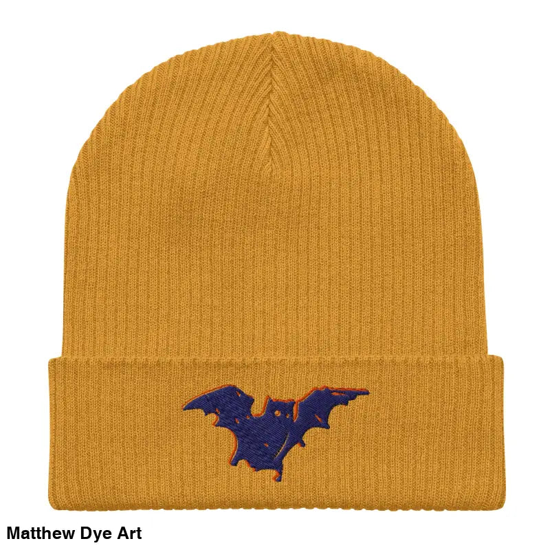 Mustard-colored organic ribbed Bat Baby Beanie, comfortable and warm for autumn and Halloween