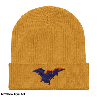 Mustard-colored organic ribbed Bat Baby Beanie, comfortable and warm for autumn and Halloween