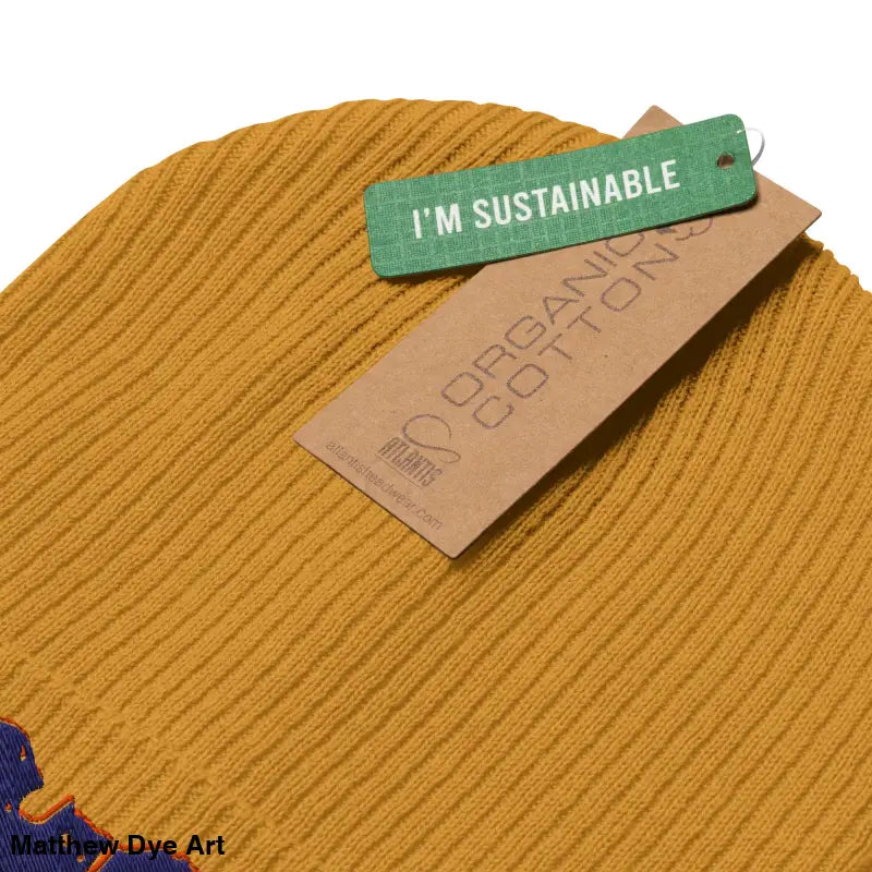 Mustard-colored organic ribbed Bat Baby Beanie, comfortable and warm for autumn and Halloween