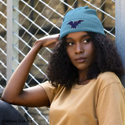 Teal knit Bat Baby Beanie, an organic ribbed beanie for autumn and Halloween, comfortable and warm