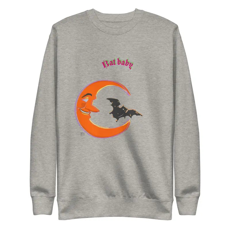 Grey Baby Unisex Sweatshirt with Smiling Orange Crescent Moon and Bat Baby Design