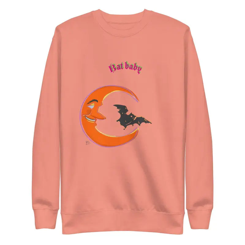 Peach baby unisex sweatshirt featuring smiling crescent moon, bats, and Bat Baby text