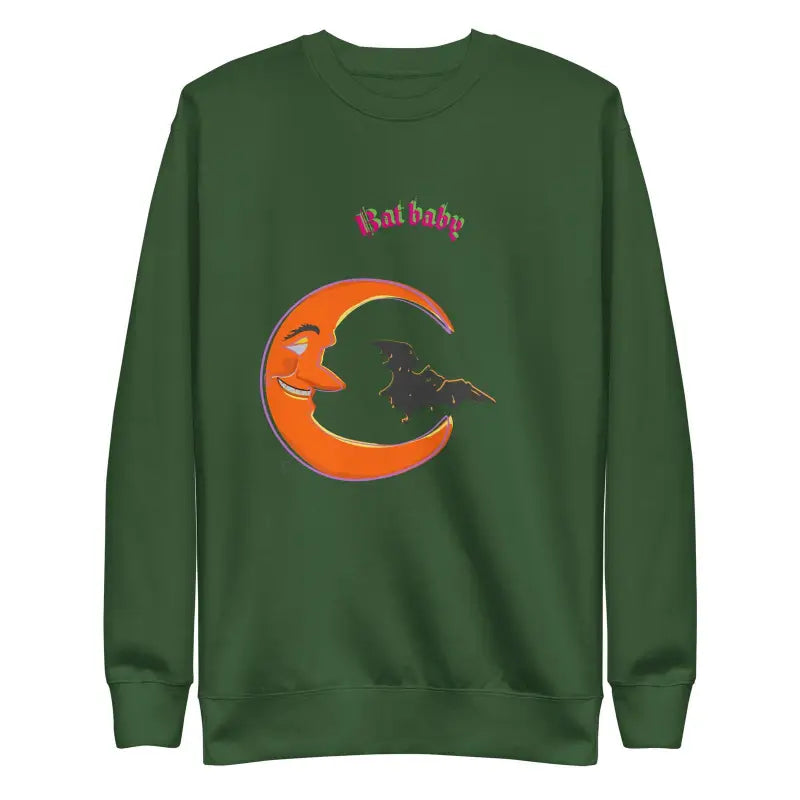 Dark green Bat Baby unisex sweatshirt with orange crescent moon design and whimsical text