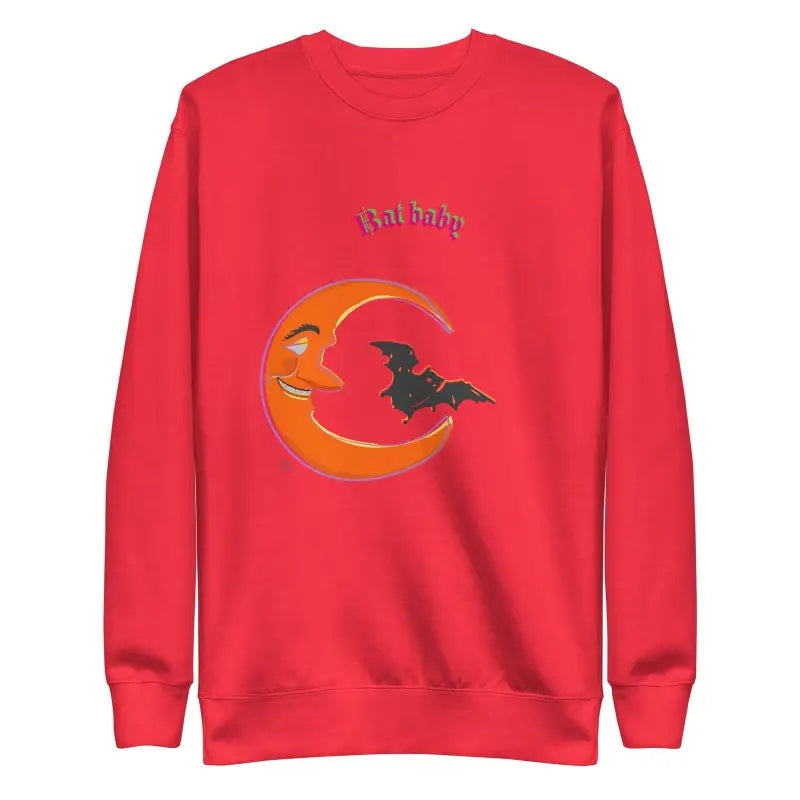 Red Bat Baby unisex sweatshirt with smiling crescent moon and bat design for whimsical style