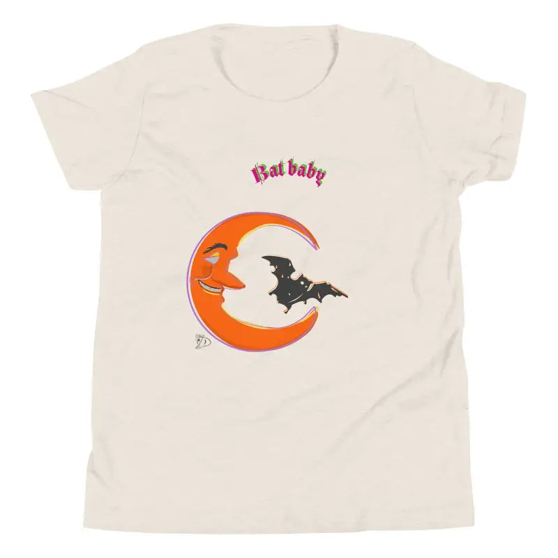 Cream-colored Bat Baby T-Shirt with smiling crescent moon design for spooky season