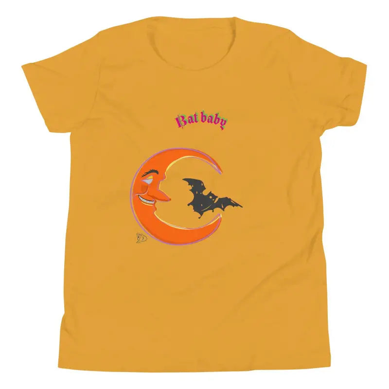 Yellow Bat Baby T-Shirt with Crescent Moon and ’First Baby’ Text for Spooky Season