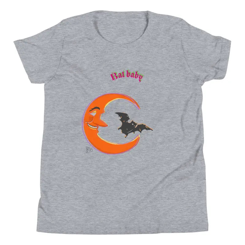 Gray Bat Baby T-Shirt with smiling crescent moon and bat design for spooky season