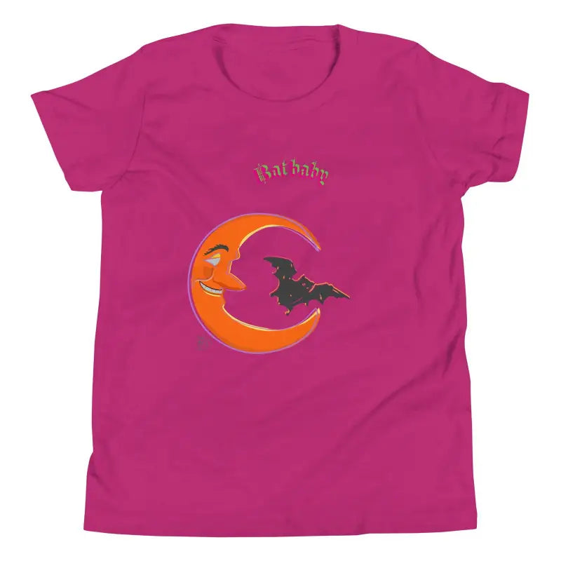 Pink Bat Baby T-Shirt with smiling crescent moon design, perfect for spooky season